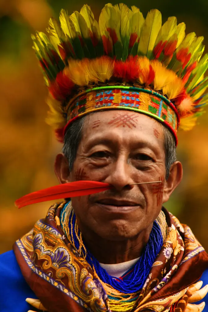 Headshot of an Indigenous Embera Chami man, smiling and wearing traditional feathered headgear with a red feather pierced through his nose in Cabildo Pada Kera, Colombia.